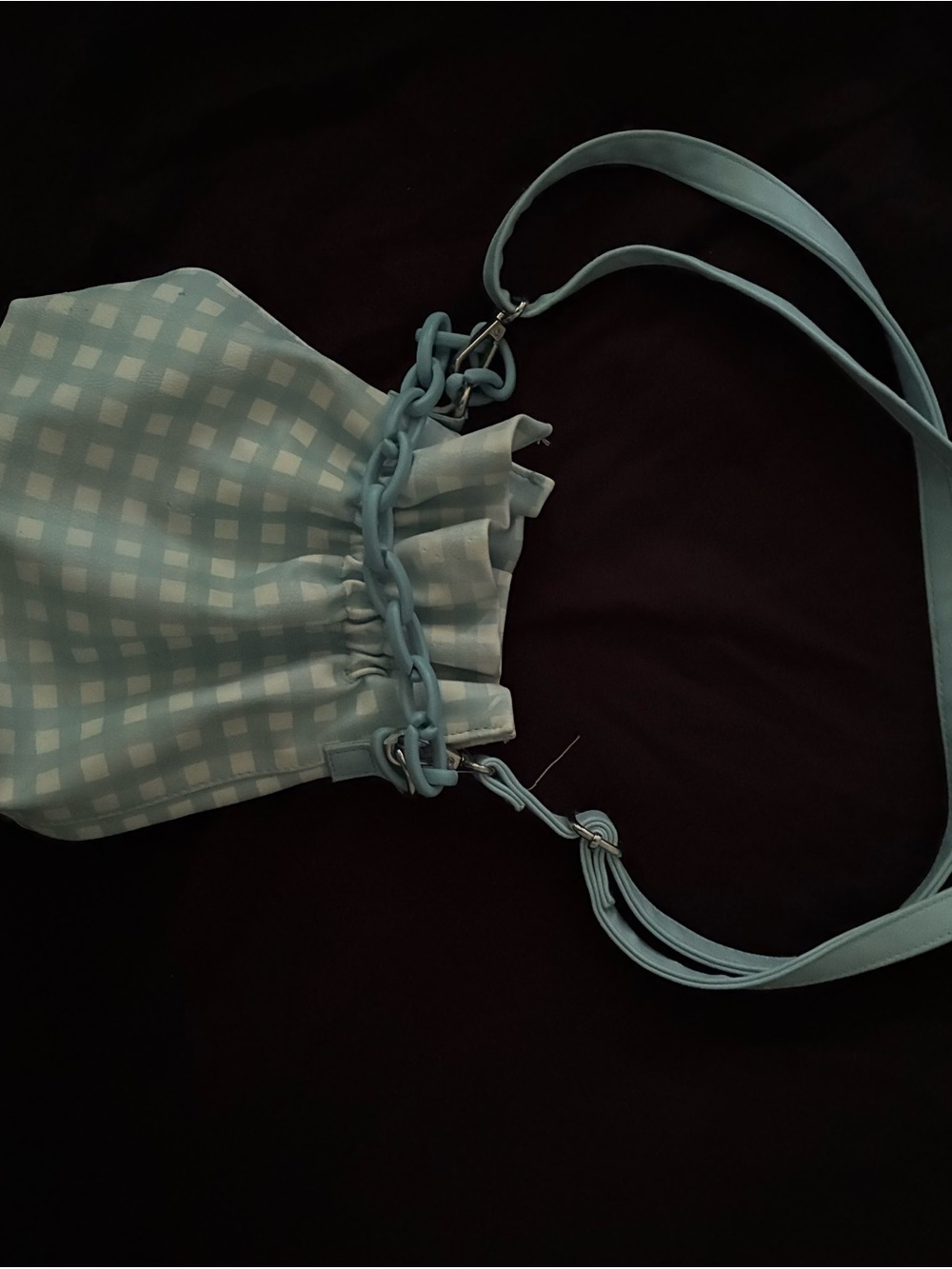 Others Follow Blue Gingham Drawstring Bucket Bag with Chain Accent